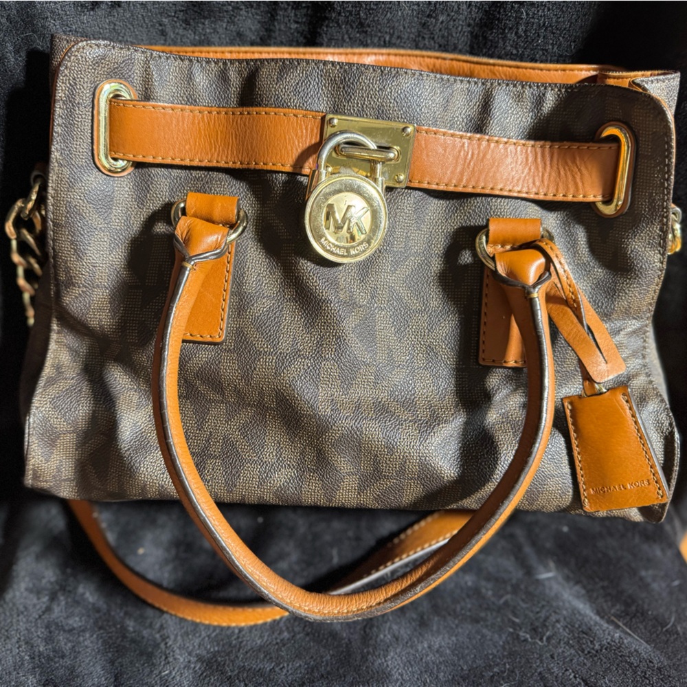 Michael Kors Hamilton Satchel Brown Logo Canvas Leather Trim